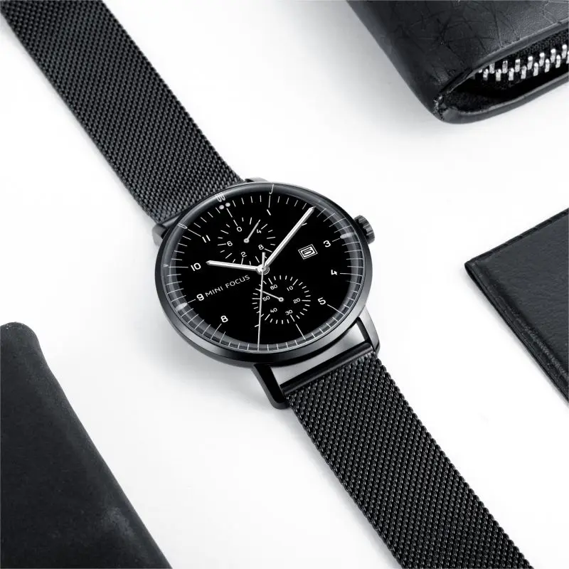 Mini focus curved glass  3ATM waterproof fashion gents quartz watches jam tangan all black mesh band mens wristwatch