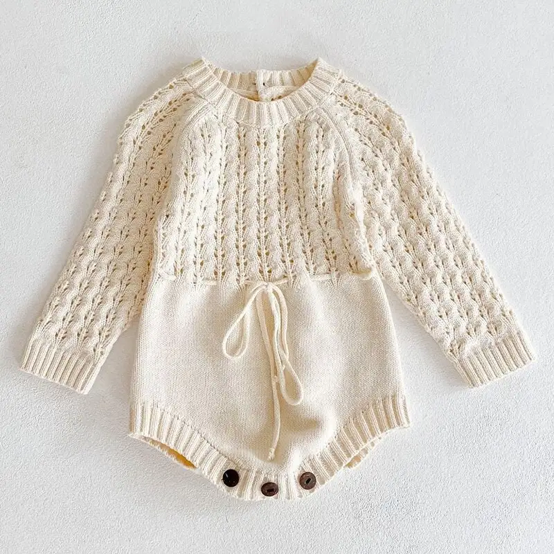Crossknit Ribbed Elegant Puff Knitted Pullover Long Jaguard Infant White Baby Romper Kids Sweater