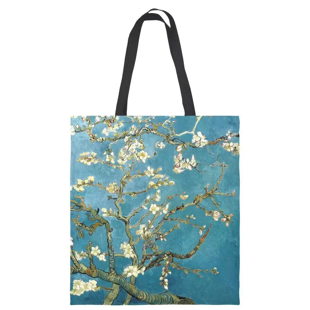 Van Gogh Pocket Inside Tote Shoulder Bag Dual Purpose Black Blue Custom Printing 12oz Cotton Canvas Tote Bag