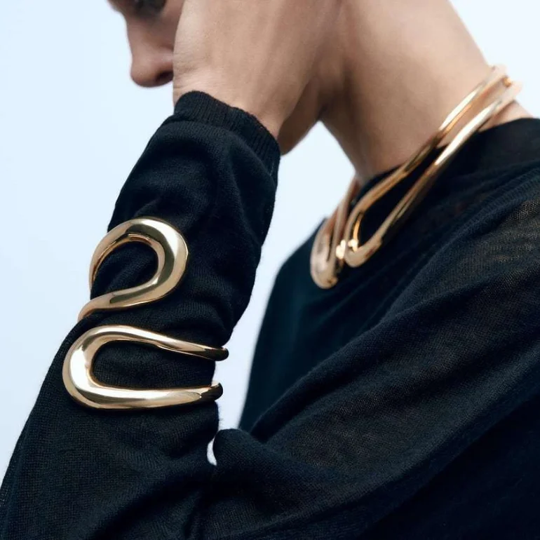 Hot Sale ZA Geometric Metal Necklace Bracelet Set for Women Temperament Exaggerated Party Dinner Jewelry Accessories