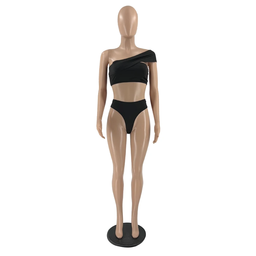 MISSQ W8288 Bikini Sets 2022 Solid Color Summer Hollow Out Single Shoulder Bikini & Beach Wear Elegant Sexy High Waist Swim Wear