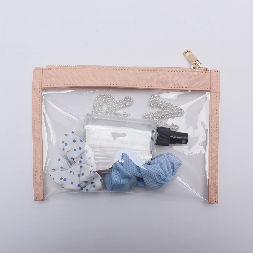 Preppy Patch Letter Cosmetic Toiletry Bag Transparent PVC Zipper Swimming Pool Makeup Bag Daily Use Clutch Purse