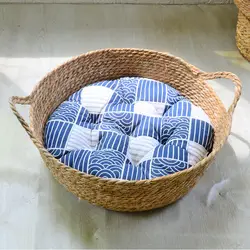 Hand Made Rattan Round Bed with Soft Cushion for Cats or Small Dogs Rattan Cat Bed