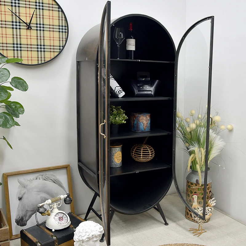 INNOVA Farmhouse Vintage Industrial Storage Furniture Accent Arched Glass Door Black Metal Display Side Cabinet For Living Room