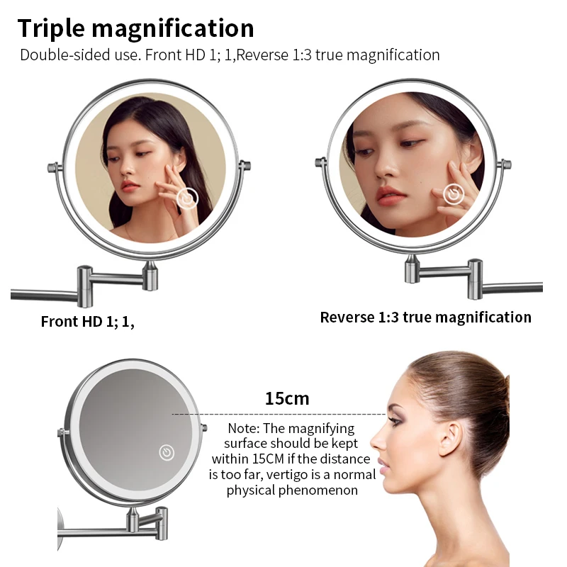 Wall Mounted Extendable Double Sided Swivel Hardwired Corded Magnifier Makeup Vanity Mirror With Lights