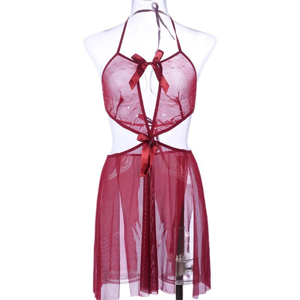 New Luxury Open Front Bow Sheer Mesh BabyDoll Lingerie Pajamas Women Thin Hot Sexy Babydoll Lingerie NightDress