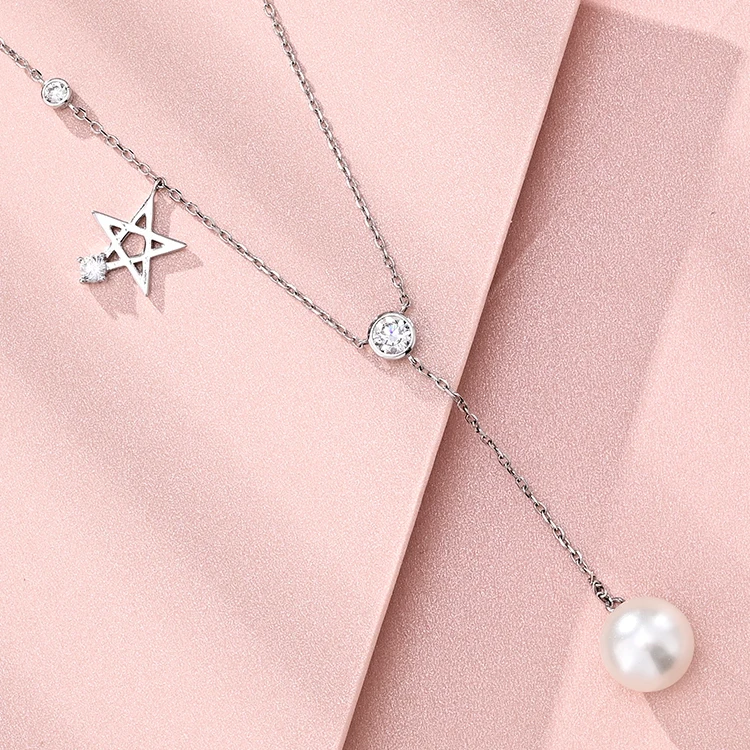Classic Silver Jewelry Moon Star Charm Chain Women Shell Pearl Necklace Long Pearl Necklace