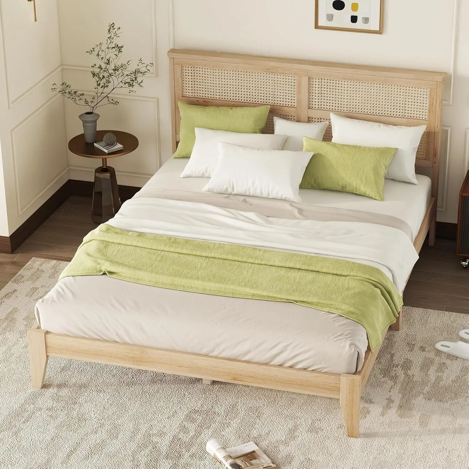 Queen Size Bed Frame with Rattan Headboard, Country Rustic Style Rubber Wood Platform Bed with Slat