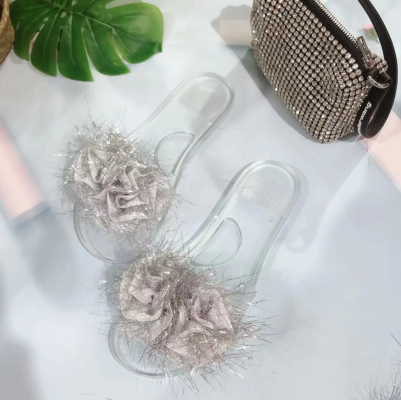 Ubililia Ladies Fashion Summer Flats Outdoor Woman Slides Beach nude one letter shiny flower Slip On crystal Clear jelly Shoes