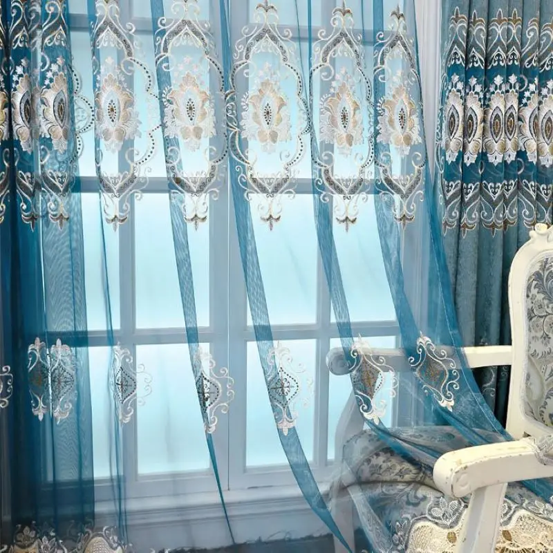Living Room Home Villa Blue Turkish Luxury Embroidered Curtains For Window