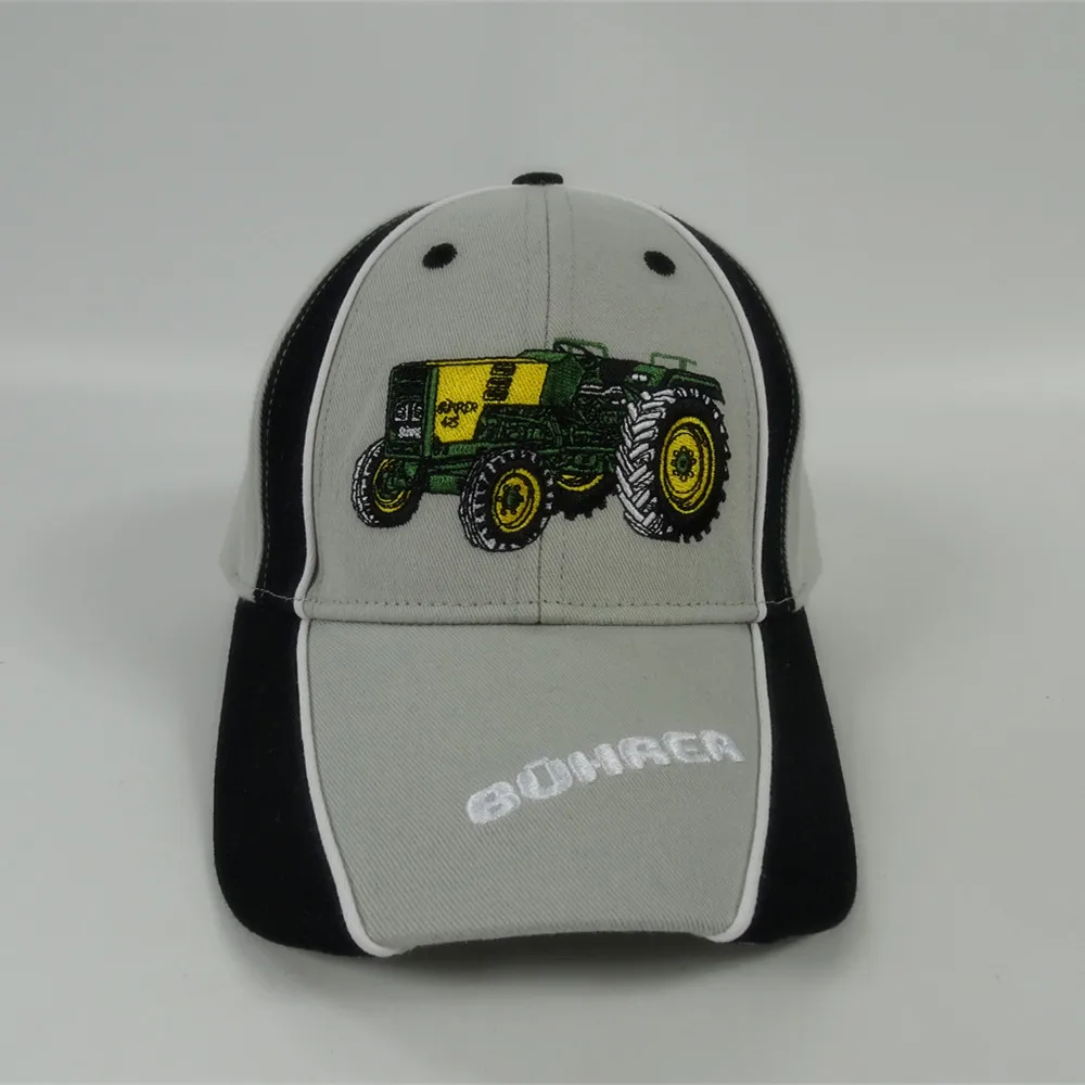 Curve Brim Baseball Cap Tractor Embroidery Brushed Cotton Promotion Cap with Piping