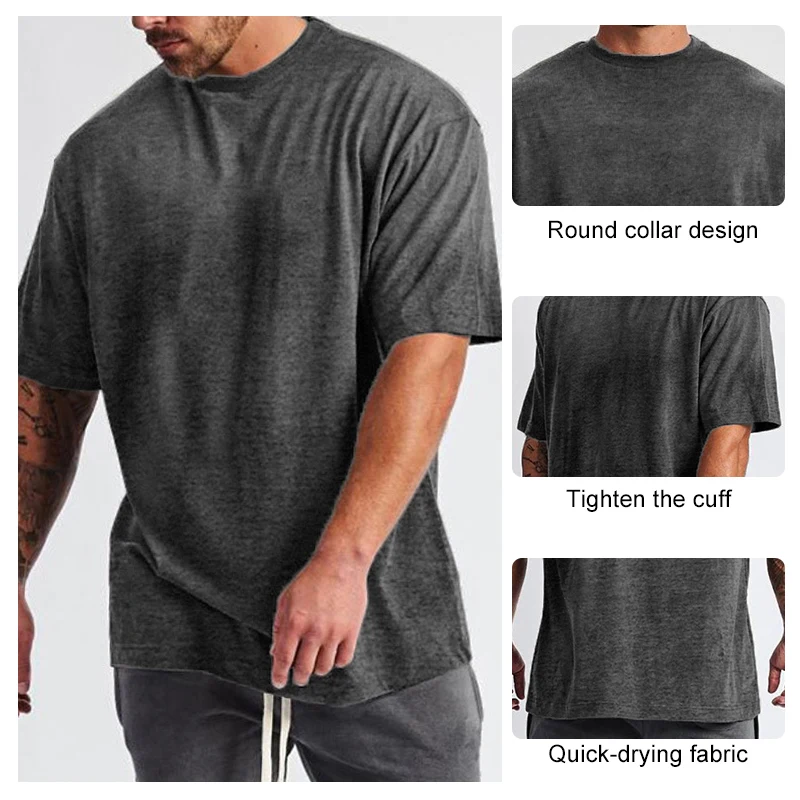 Custom Mens Big Tall Blank Drop Shoulder Sleeve Gym T-shirt Cotton Plain Fat tshirts Round Collar White Loose Cotton T-shirts