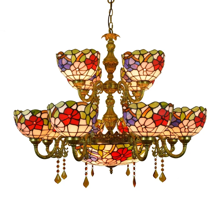15 lamps creative Tiffany living room large modern luxury stained glass retro chandelier villa restaurant Crystal pendent lamp