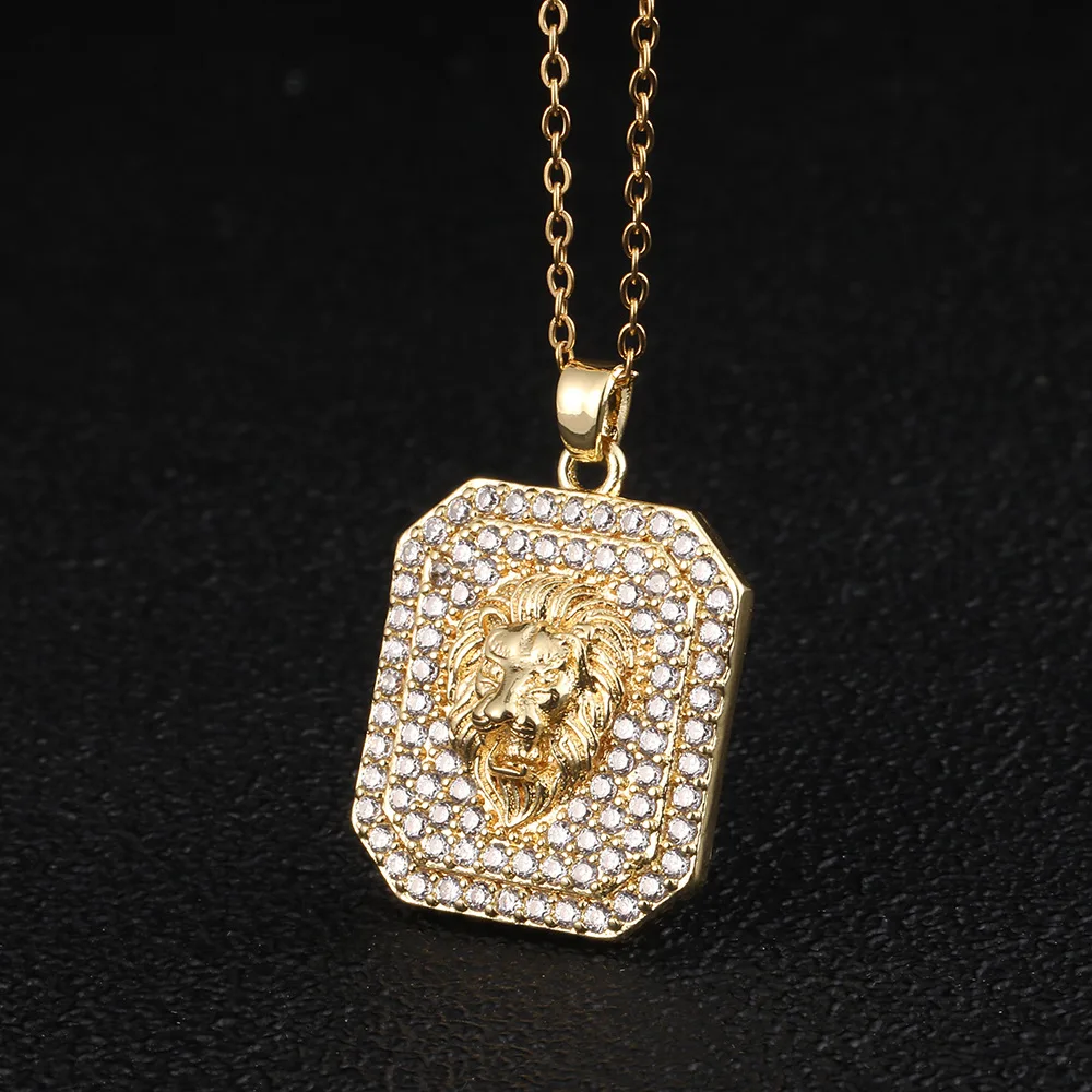 LC20240190 Wholesale fashion women men zircon lion head pendant chain necklace