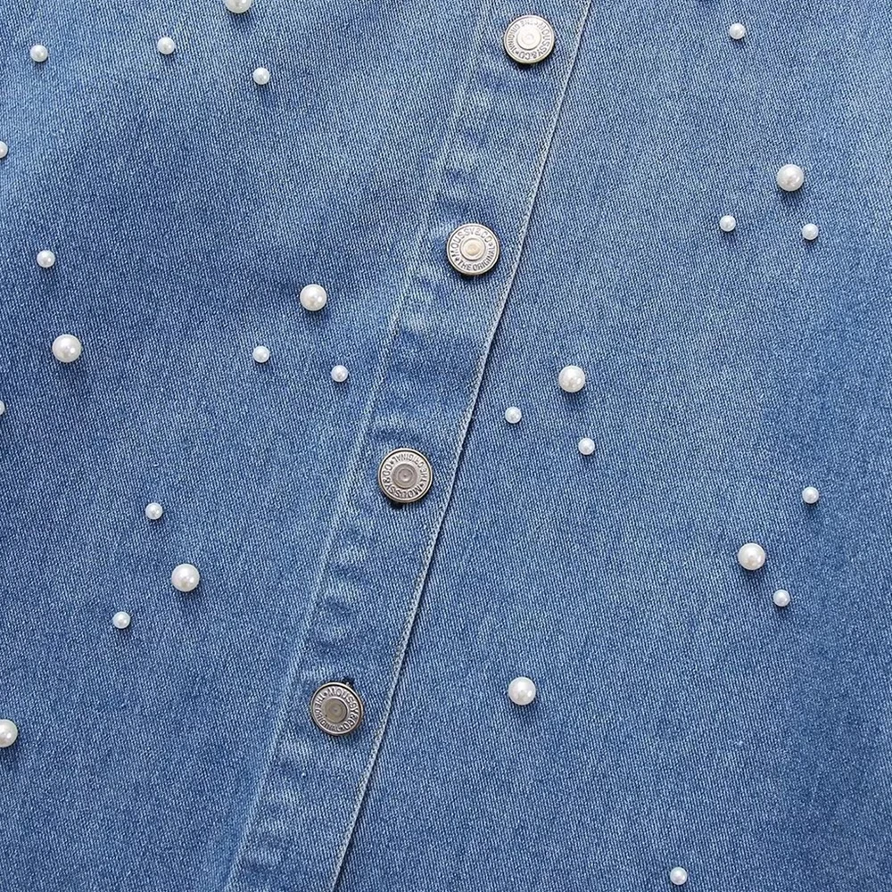 SMO blue pearl shirt rhinestone shirts women denim jean shirt For Ladies