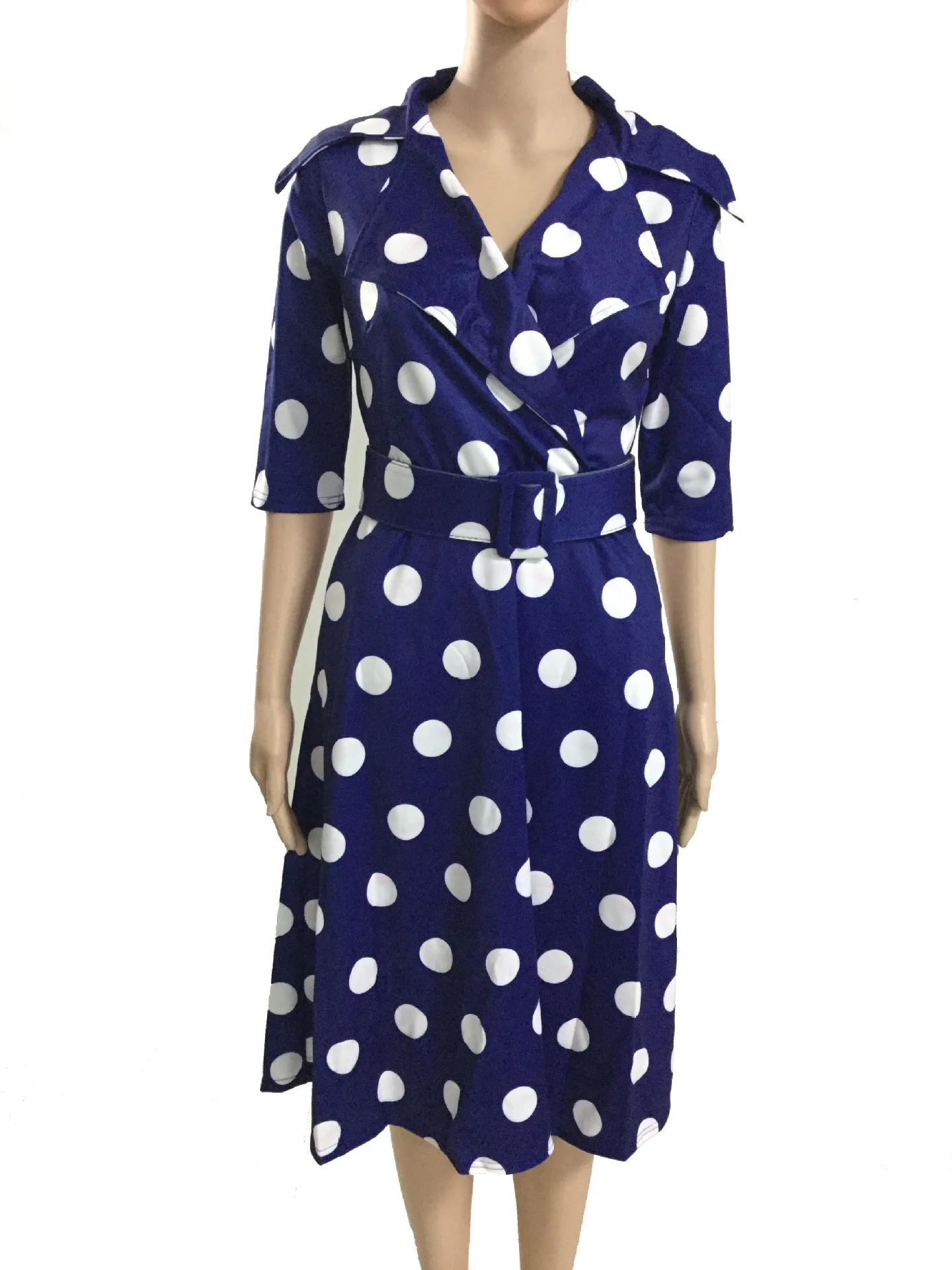 Suit Collar Point Printed Patchwork Plus-Size Women Casual dress With Belt