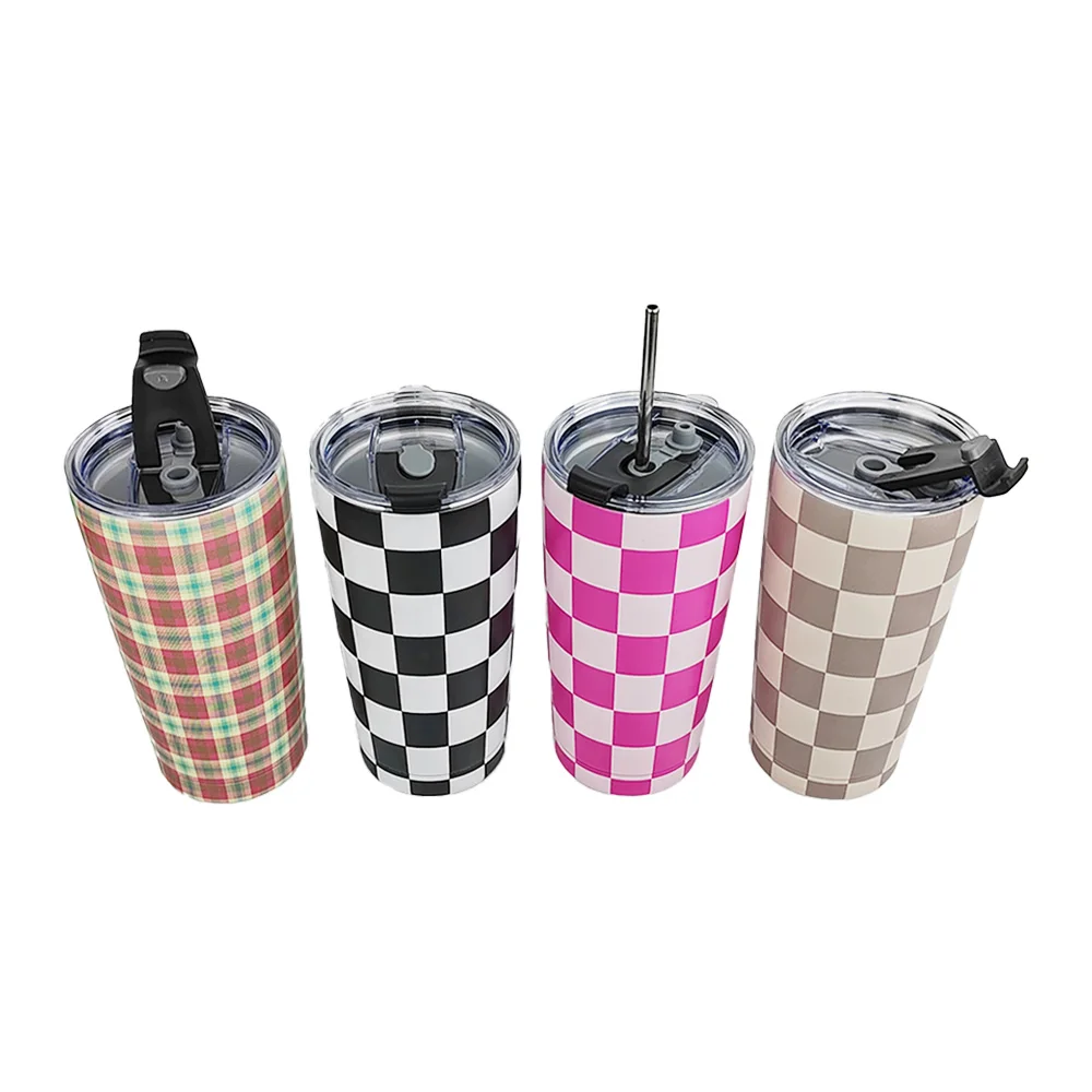 Fashion 4 Colors 20oz Checkered Tumbler Car Travel Plaid Printed Checkered Cups With Straw Brush