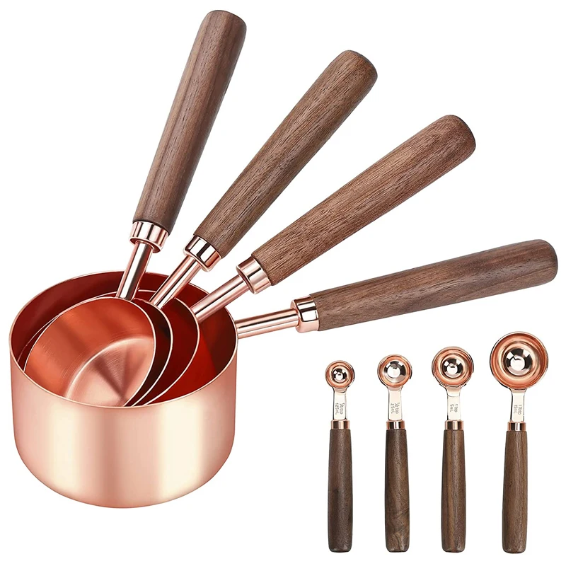 Kitchen 8 PCS Long Wood Handle Powder Coffee Copper Gold Measuring Cups and Spoons Set