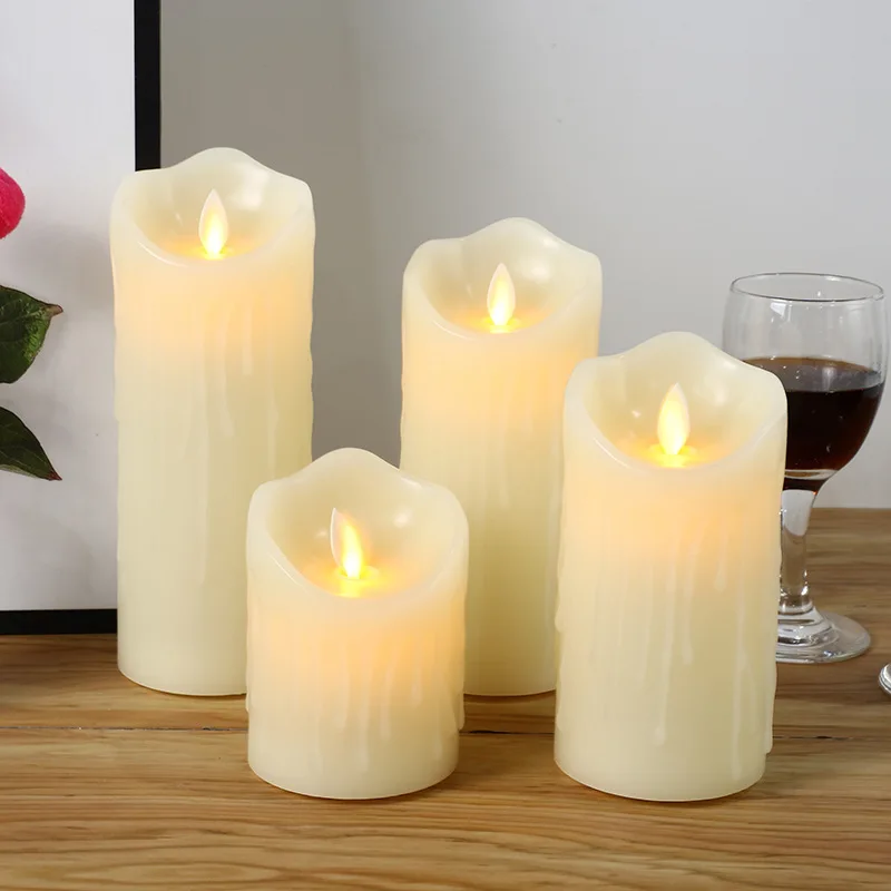 Ivory White 2*AA Battery USB Chargeable Remote Operate Moving Wick Flameless Paraffin Plastic LED Candle for Wed Table Deco