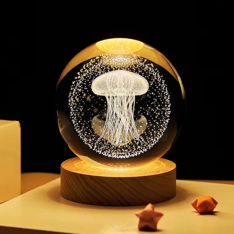 Led USB Interior Carved Crystal Ball Table Lamp Jellyfish Moon 3d Crystal Ball Night Light With Wooden Base