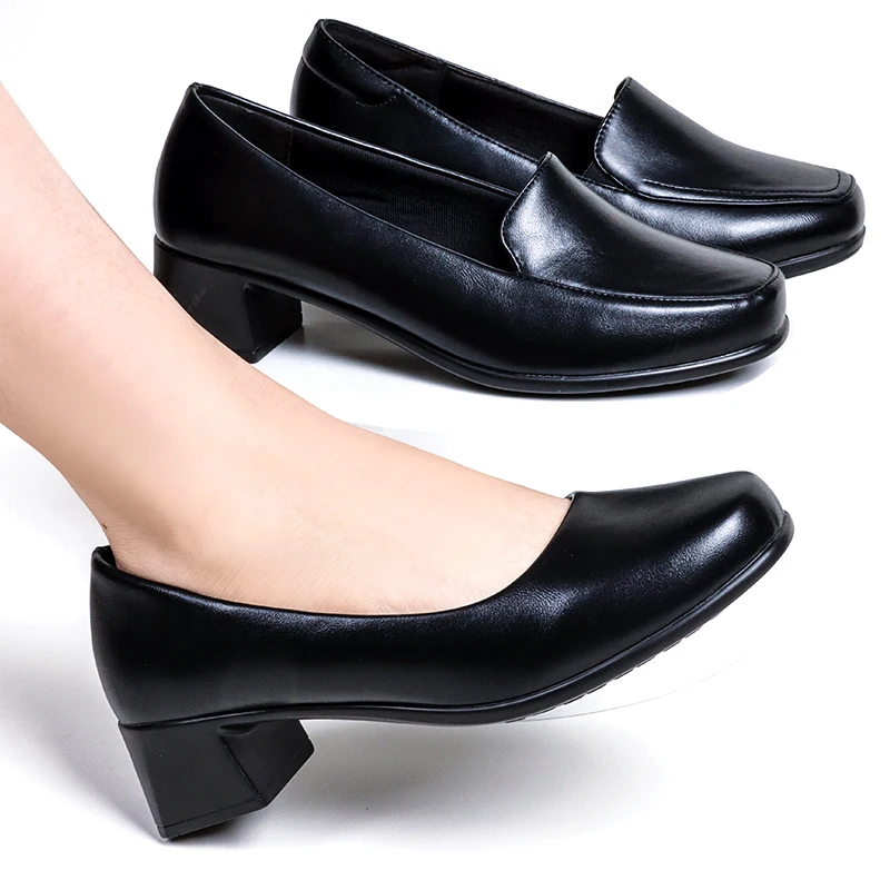 2023 New Style Low Heel Formal Work Shoes Ladies Comfort Office Shoes Women Round Toe Square Block Heel Plus Size Uniform Shoes