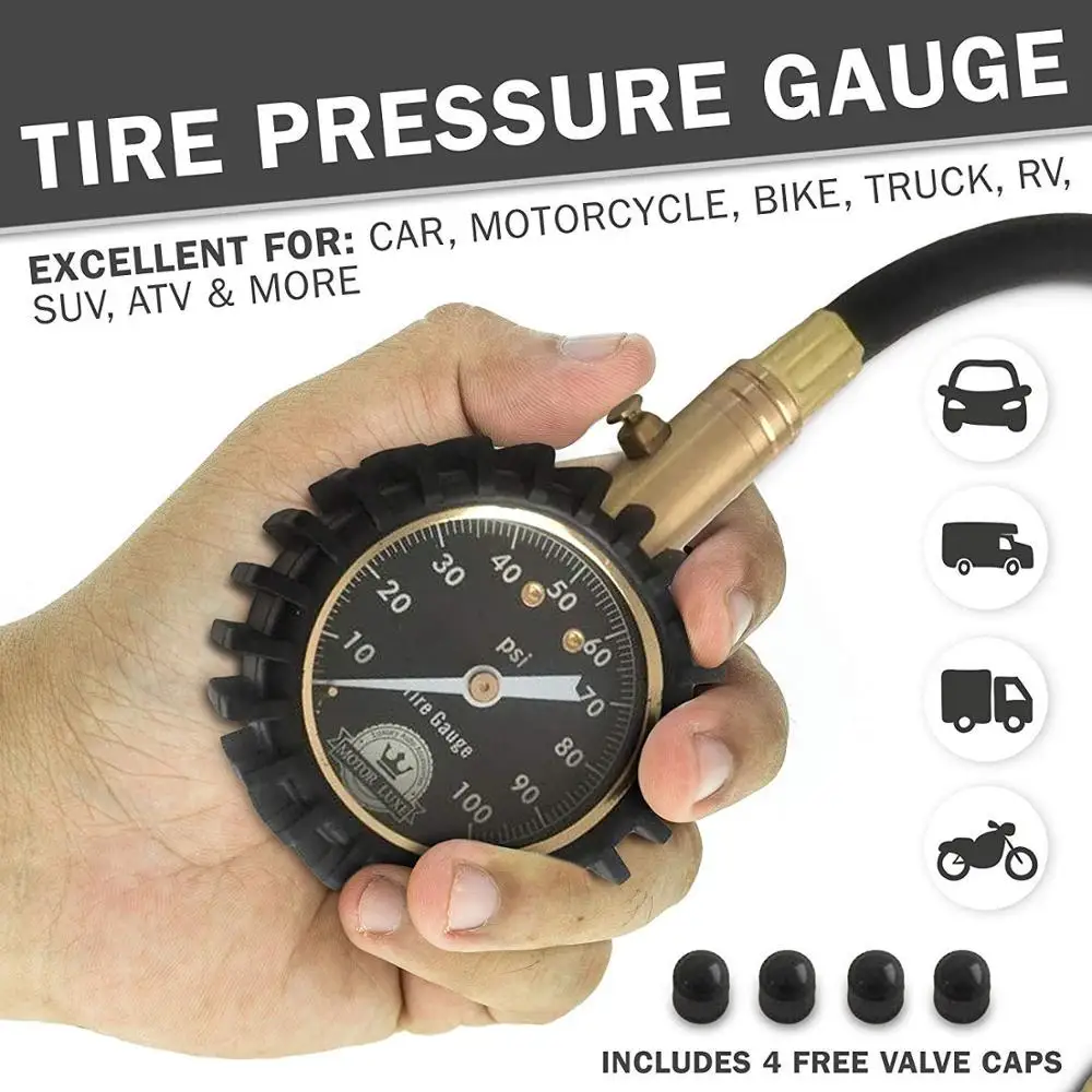 Tire Pressure Gauge 100 PSI - Accurate Heavy Duty Air Pressure Tire Gauge For Your Car Truck and Motorcycle - 4 Free Valve Caps