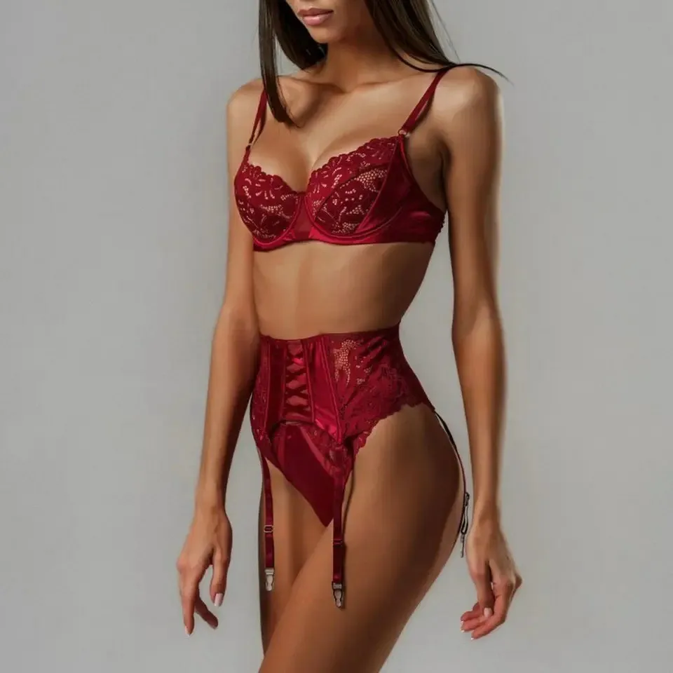 Stylish solid color embroidery lace-up women underwear gathered steel ring 3 piece panty bra erotic sexy lingerie set