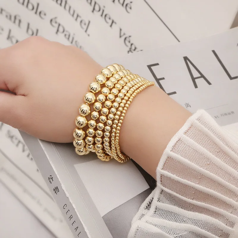 Wholesale Minimalist 14k Gold Plated Stainsteel Beads Stackable Filled Beaded Stretch Bracelet