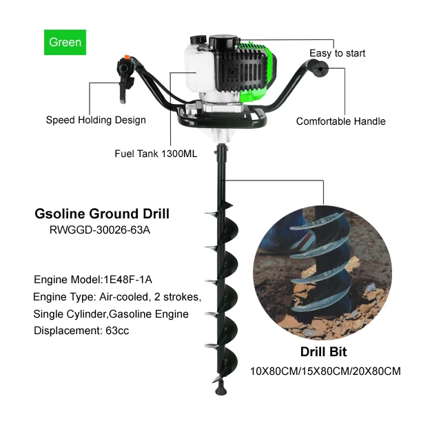 Two Stroke Gasoline Powered Earth Auger Garden Post Hole Digger Tree Planting Machine ICE 52CC,63CC,68CC Petrol Ground drill