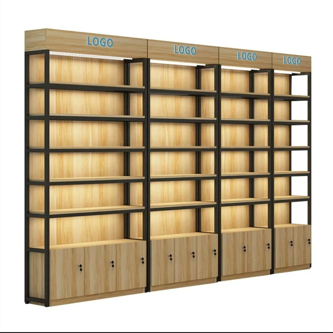 Wooden Display Shelf with LED Lighting Retail Store Wall Shelves High Quality Display Racks for Retail Store