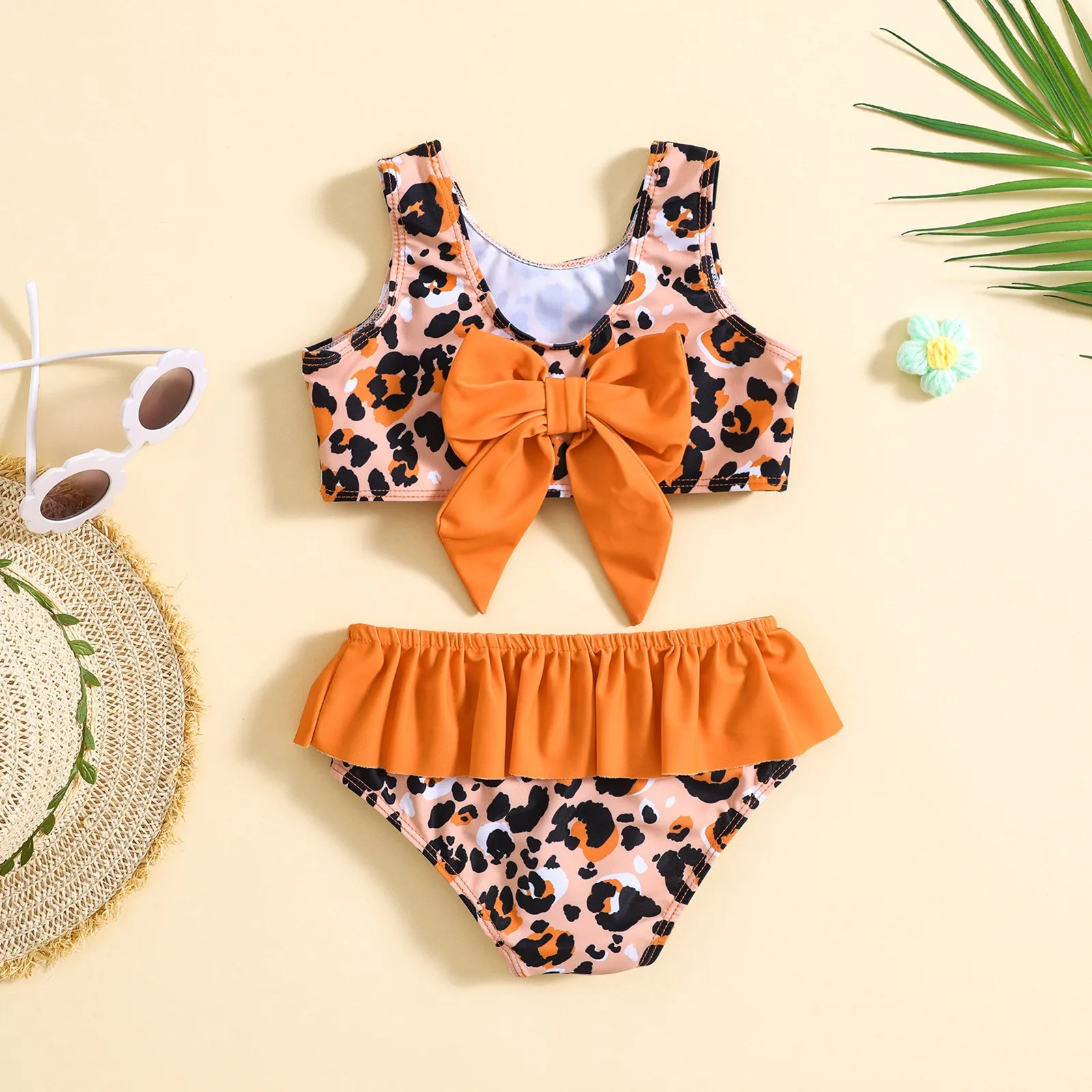 Famicheer Custom Baby Kids Girls Swimsuit Personalised Baby Swimwear Toddler Girls Swimwear Children Opp Bag Leopard Bikini Kids