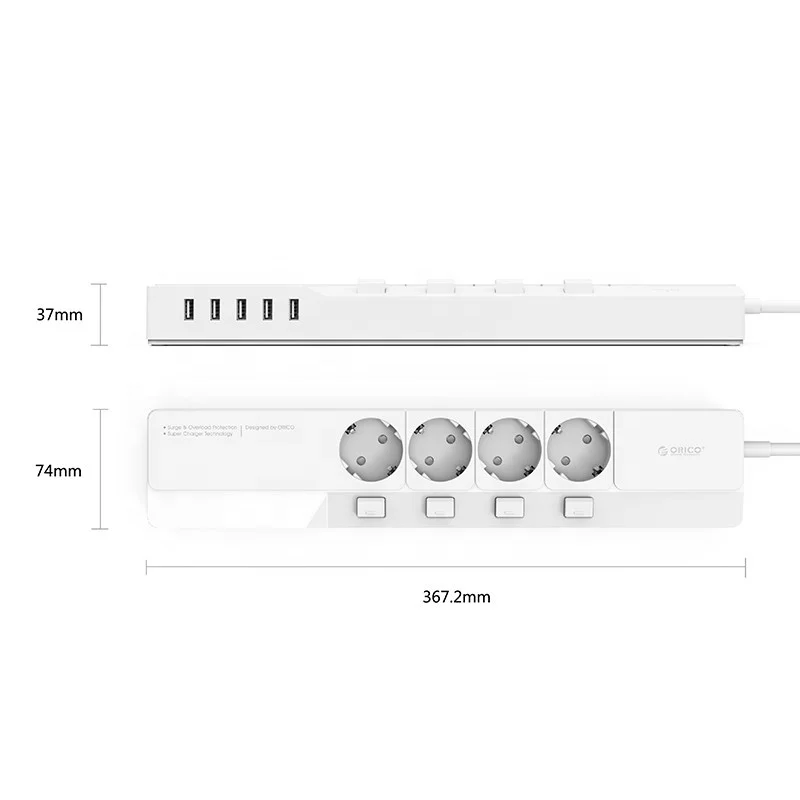 ORICO 4 AC Outlet 5 USB Port Surge Protector Smart Plug Extension Socket EU OSJ-4A5U-EU