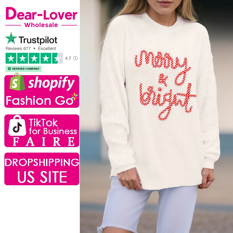 Dear-Lover High Quality Ladies Striped Merry Bright Letter Women Christmas Knitted Sweater