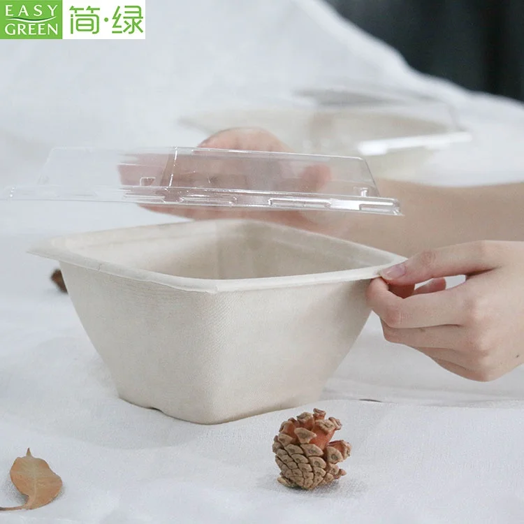 Легко зеленые одноразовые биоразлагаемые квадратные контейнеры 42 унции, экологически чистые чаши с крышкой