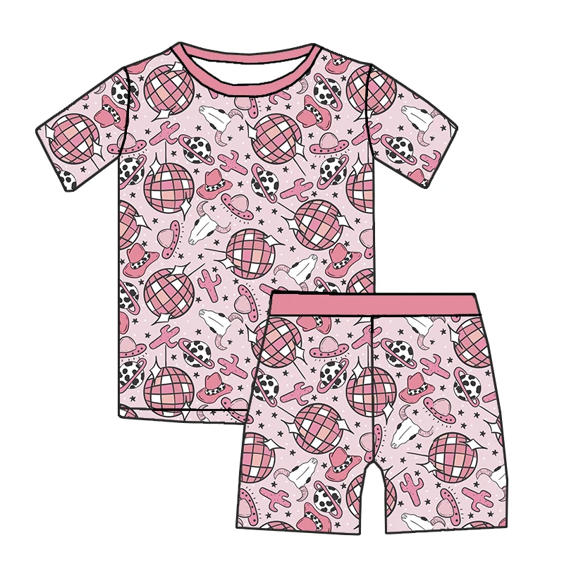Hot selling Summer kids clothing Custom print soft bamboo fabric two pieces short pajamas sets