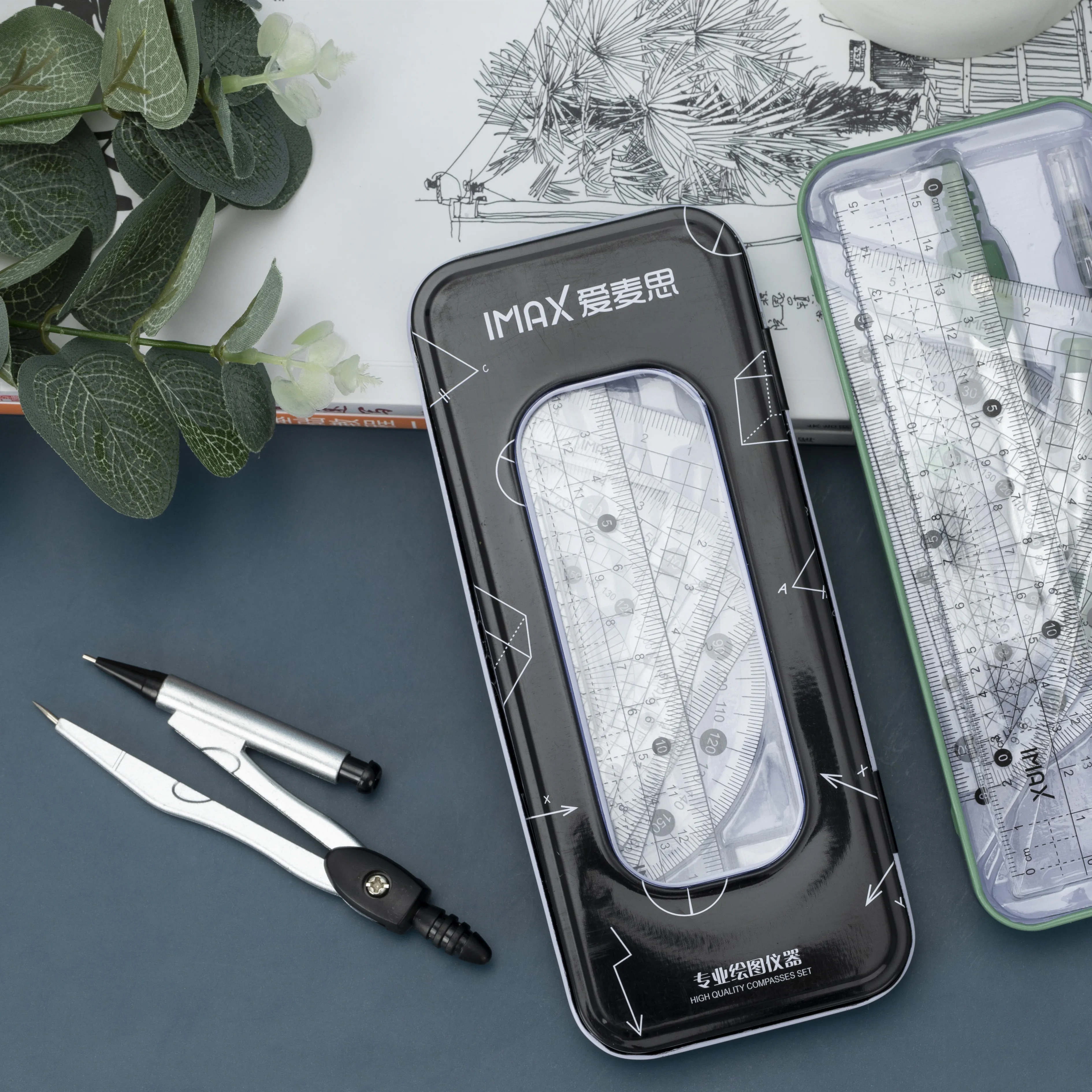 Student tin math set with clean Plastic window Geometry Box Math Sets Compass Divider Instrument Stationery