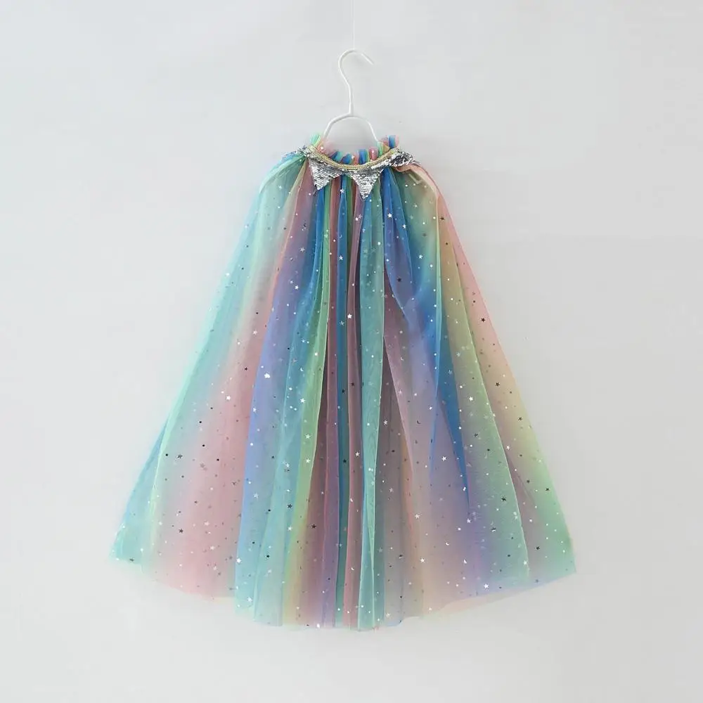Wholesale Princess Rainbow Sequin Star Kids Girls Chiffon Cape For Evening Dress