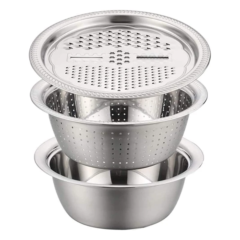 3 in 1 Kitchen Multipurpose Grater Stainless Steel Drain Basket Vegetable Cutter Salad Maker Bowl Kitchen Gadget