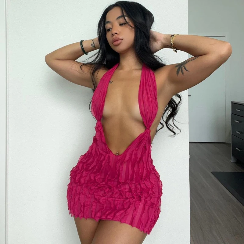 Wave Pattern Sexy Hanging Neck Open Back Dress V-Neck Open Chest High Waist Wrap Hip Skirt Sexy Mini Dresses