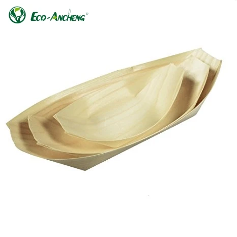Cheap Custom Printed Food Grade Disposable Wooden Boat Biodegradable Boat Shape Box Sushi Container