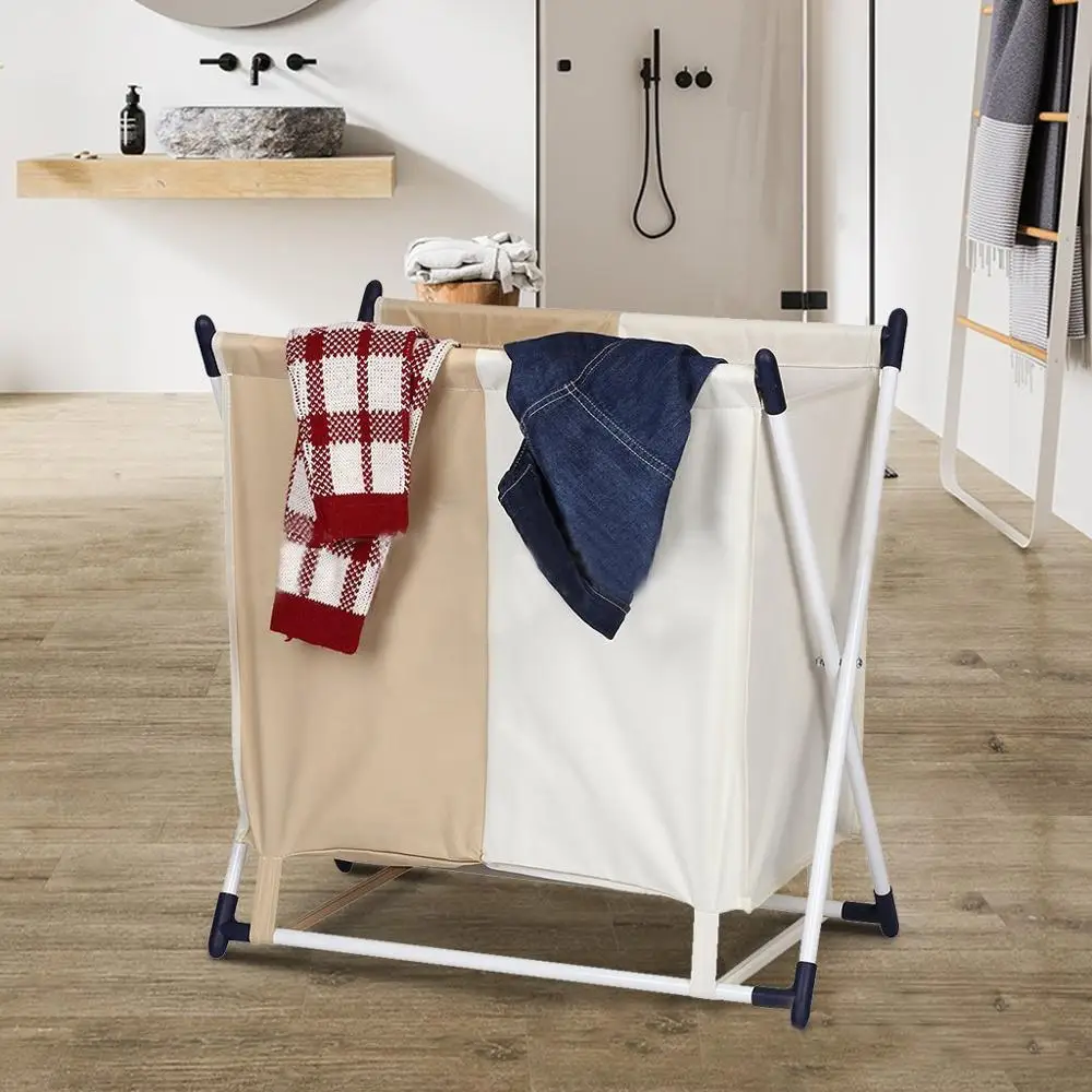 2 Section Waterproof Oxford Bags Laundry Cloth Hamper Sorter Basket Bin With Aluminum Frame