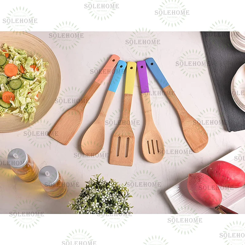  Красочная ручка Бамбуковая лопатка ложка набор