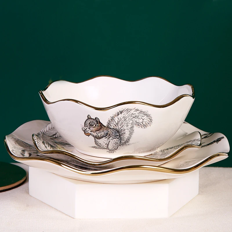 wholesale high quality decal animal pattern tableware rippled edge noddle soup ceramic bowl with gold rim