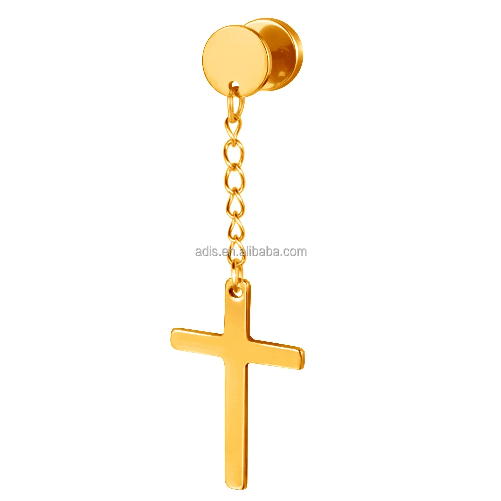 Hot Selling Stainless Steel Ear Plug With Chain Crucifix Body Jewelry Piercing Ear Tunnel For Men Women