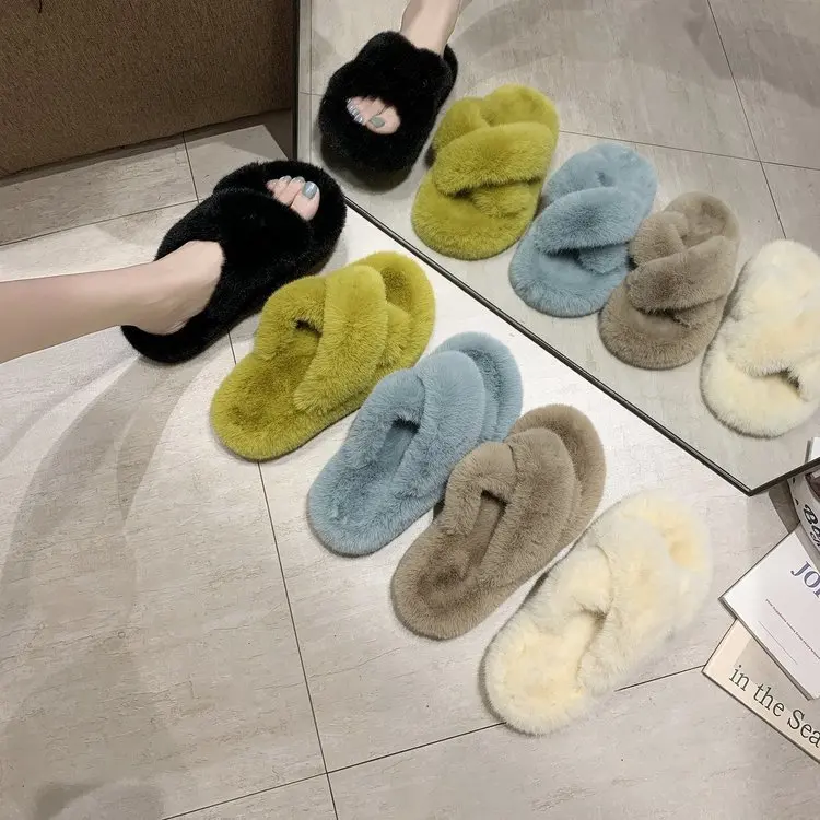 Jtfur Women Indoor Fuzzy Elegant Fur Plush Cross Strips Fluffy Fur Fashion Slides Faux Fur Slipper For Woman