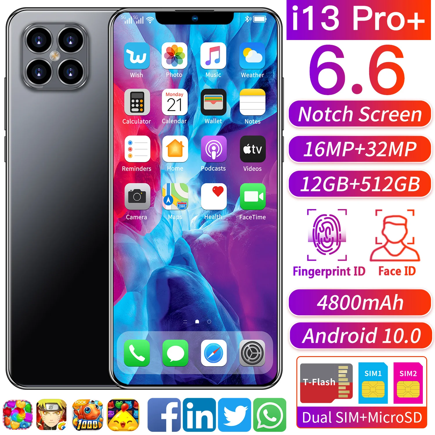  Дешевая цена мобильных телефонов i13 Pro 6 дюймов FHD большой экран смартфона 12 + 512 объем памяти для приставки Android Smart уход за кожей лица Разблокируйте