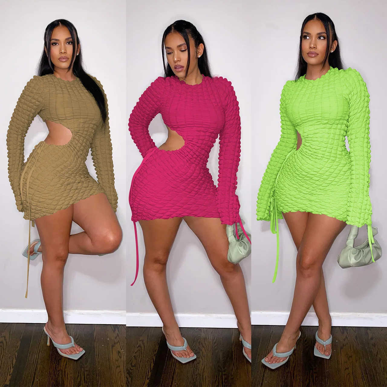 Hot selling Fashionable drawstring elastic bubble pattern hollow puffer long sleeve sexy mini dress women party bodycon dress