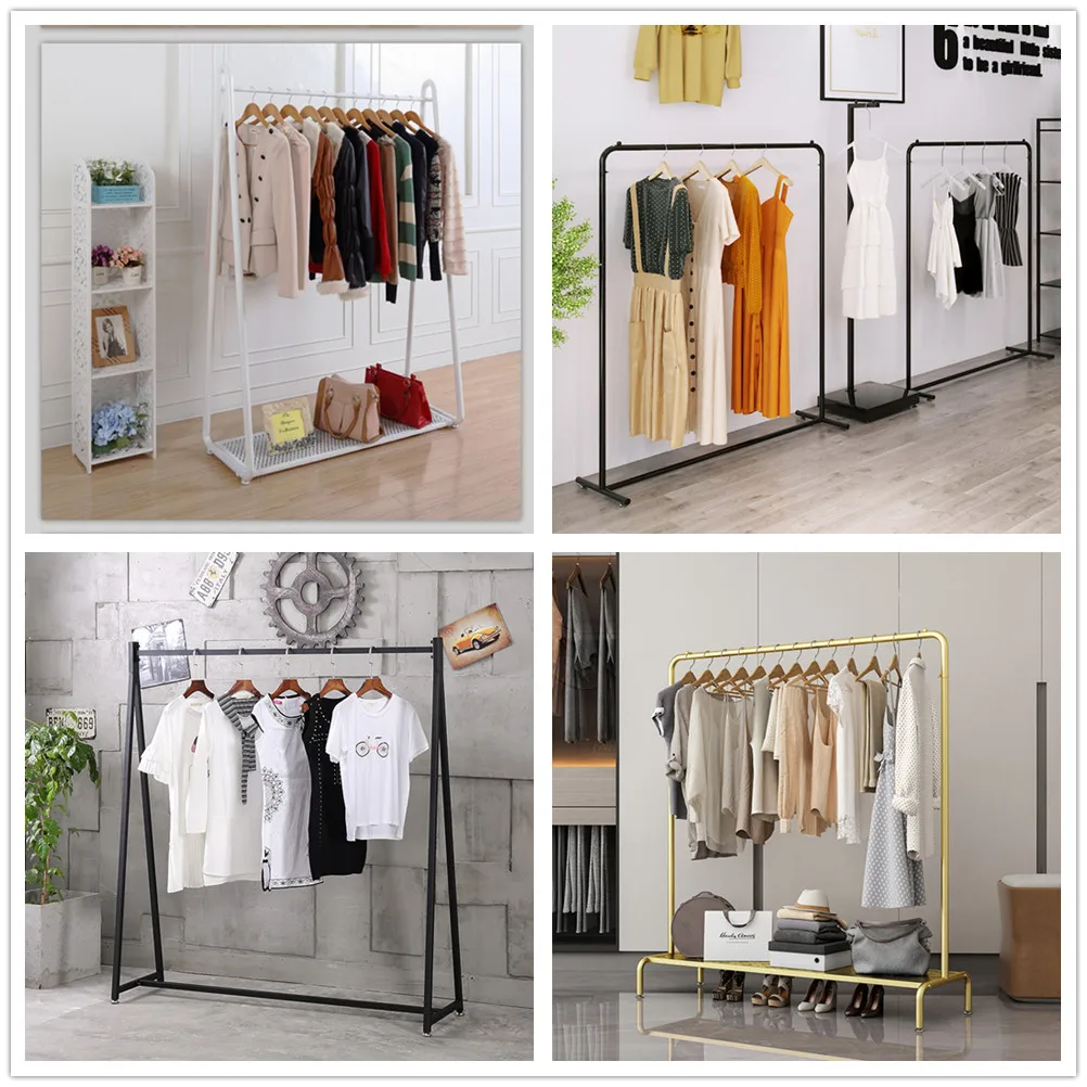 clothes shop display rack wall-mounted clothing rack decorative metal garment rack with storage shelf