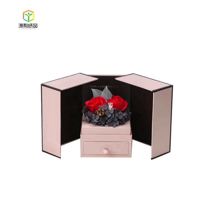
Luxury Custom Drawer Rose Gift Box Double Opening Gift Packaging Flower Box With Ribbon 