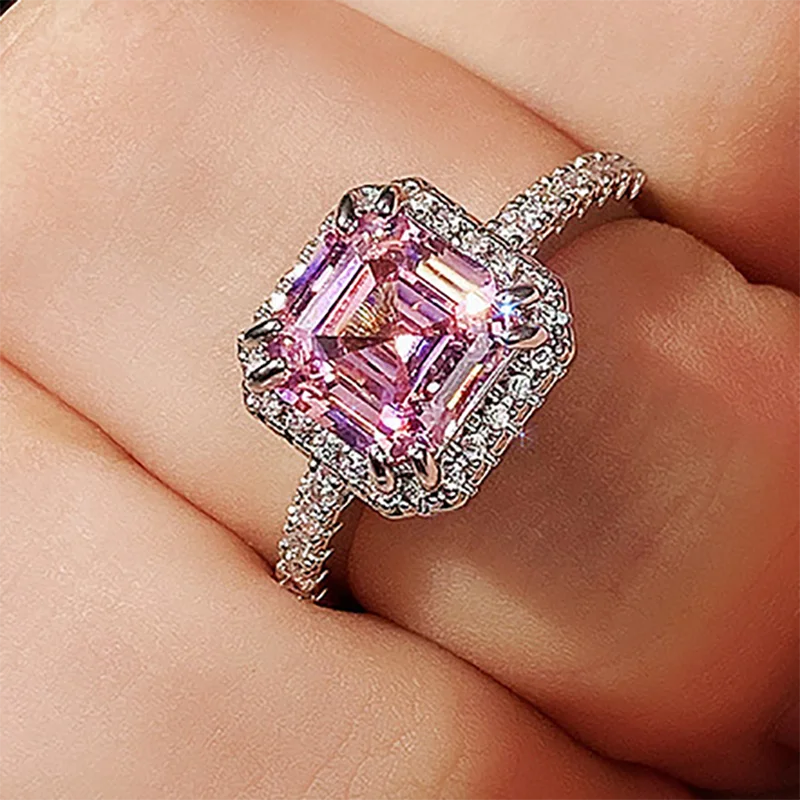 CAOSHI Charm Women Engagement Wedding Ring 925 Silver Plated Enchanted Princess Cut Pink Gem Stone Ring